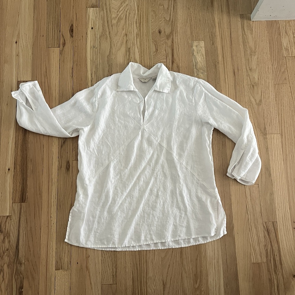 J Jill 100% Linen Popover Shirt Chambray White Sz L Coastal vacation collared